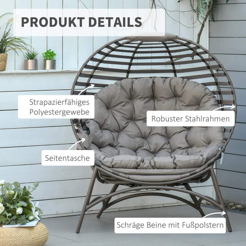 Papasan Stol Trädgårdsstol 2 Korgar Stol Med Kudde Oval Lounge Stol Korg Hopfällbar Balkong Terrass Utomhus/inomhus Sandbrunt Stål 118 X 75 X 139 Cm 4