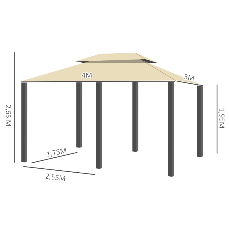 Paviljong 3x4m Trädgårdspaviljong Med 6 Sidopaneler Partytält Trädgårdstält Festivaltält Med Dubbeltak Beige + Svart 3