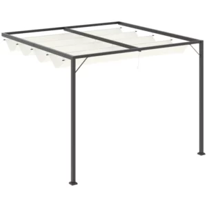 Pergola Paviljong 3 X 3 M Trädgårdspaviljong BBQ Paviljong Med Tyg Tak Uteplats Tak Väderbeständig Väggfäste Metall Polyester Krämvit 1