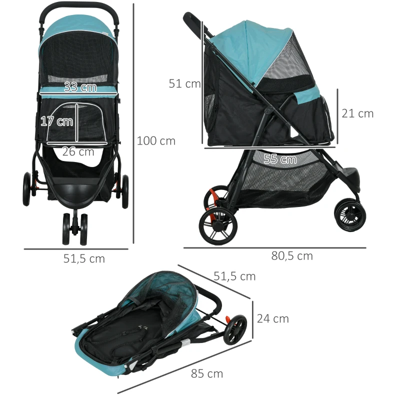 Pet Buggy Folding Dog Buggy Med Regnskydd 2 Dryckeshållare Blå + Svart 3