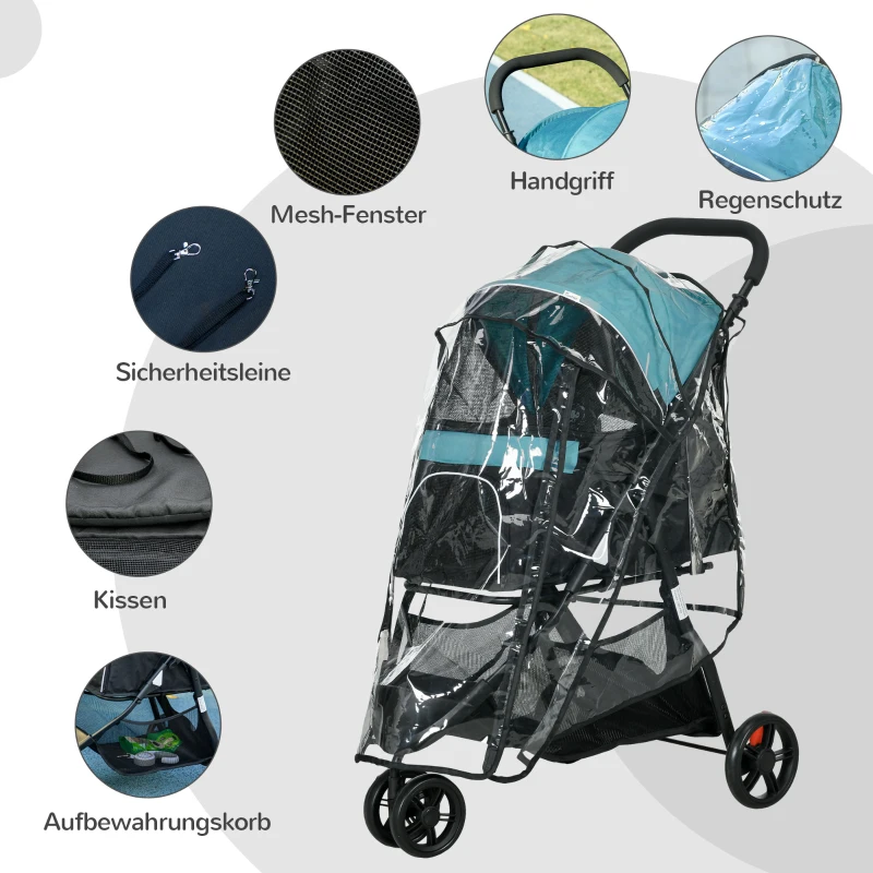 Pet Buggy Folding Dog Buggy Med Regnskydd 2 Dryckeshållare Blå + Svart 7