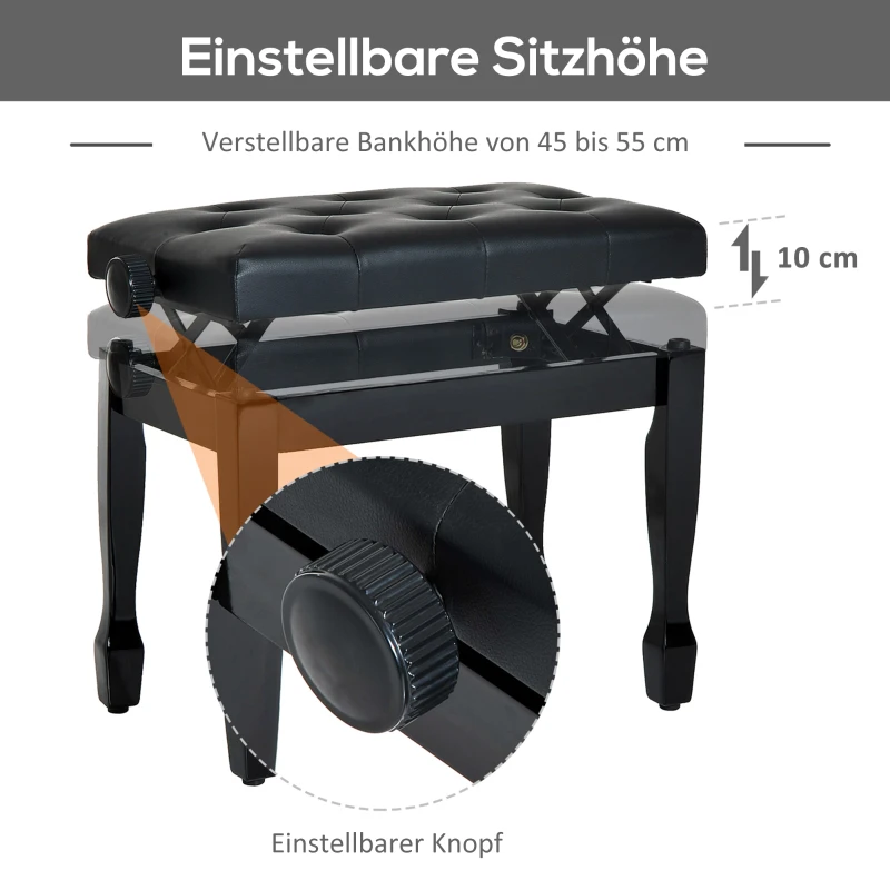 Pianopall, Pianobänk, Kosmetisk Pall, Justerbar I Höjdled, Pall För Att öva Musikinstrument, Massivt Trä, Konstläder, Svart, 64 X 35 X 45-55 Cm 4