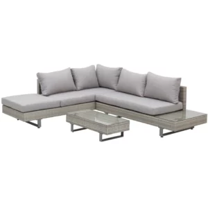 Polyrattan Lounge Set För 4 Personer Soffbord Sidobord Väderbeständig Grå + Brun 1