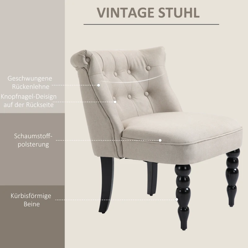 Relaxstol, Vintage Vilstol, Relaxstol, Stoppad Stol, Matsalsstol, Linneöverdrag, Träram, Beige + Svart, 67 X 67 X 78 Cm 5