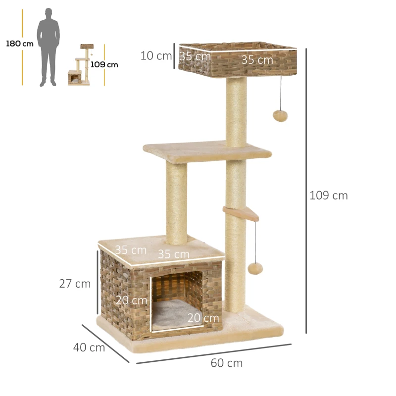 Rottingkattträd, Klösstolpe Kattmöbel Med Kattgrottbollleksak Sisal Mjuk Plysch PE Höjd 108 Cm Brun + Beige 3