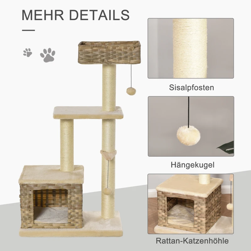 Rottingkattträd, Klösstolpe Kattmöbel Med Kattgrottbollleksak Sisal Mjuk Plysch PE Höjd 108 Cm Brun + Beige 5