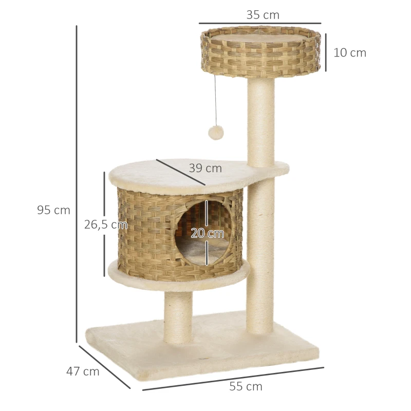 Rottingskrapstolpe 95 Cm Höjd 3-vånings Kattträd Med Plattform, Kattbädd, Klätterträd Med Kattgrotta, Sisalstavar, Lekbollar, Kattmöbler, Sisal Natur + Beige 3