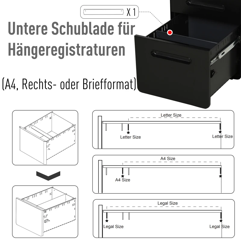 Rullbehållare Arkivskåp Brocontainer Med 3 Lådor Kontorsskåp Förvaringsbehållare Stål Svart 39 X 48 X 59 Cm 5