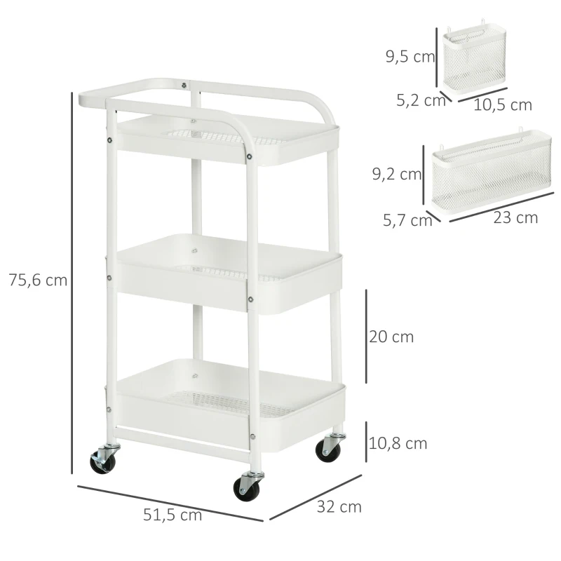 Rullvagn 3-vånings Köksvagn Med Lådor Och Korg För Kök Kontorsförvaringsvagn Serveringsvagn Kökshylla Med Hjul Sovrum Vardagsrum Stål Vit 51,5 X 32 X 75,6 Cm 3