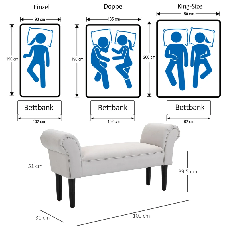 Sängbänk, Stoppad Bänk, Bänk, Hallsbänk För Sovrum, Lastkapacitet Upp Till 130 Kg, Segeltyg, Grå, 102 X 36 X 51 Cm 3