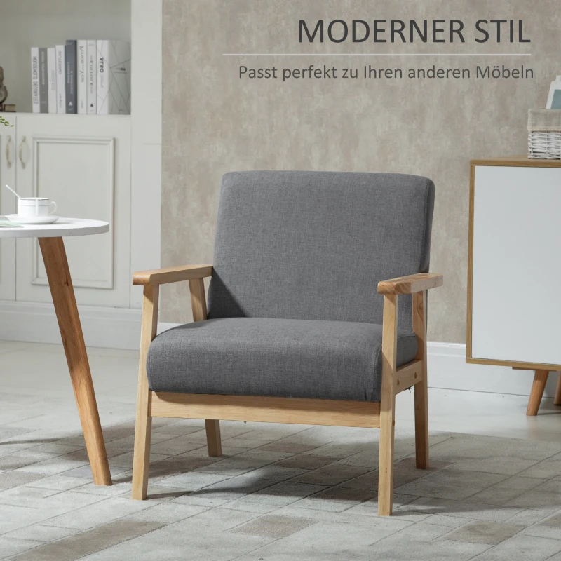 Scandi Designfåtölj, Accentstol, Massivt Trä, Linnelook, 64 Cm X 70 Cm X 72 Cm, Grå + Natur 4