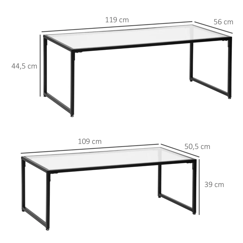 Set Med 2 Soffbord, Glasbord, Med Pulverlackerat Stål, Svart + Transparent 3