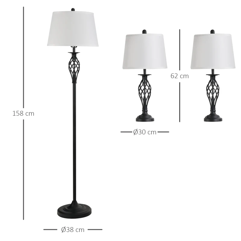 Set Med 3 Lampor 2 Bordslampor (38 X 158H Cm) + 1 Golvlampa (30 X 62H Cm) Metall, PS, Polyester, Bomull, Vintage, Svart + Vit 3