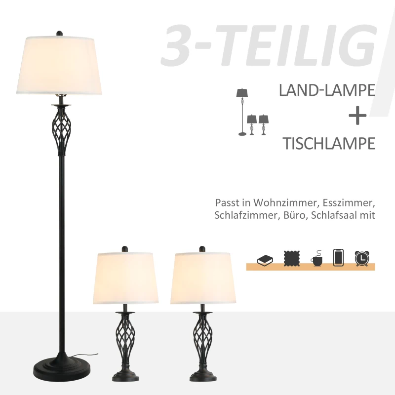 Set Med 3 Lampor 2 Bordslampor (38 X 158H Cm) + 1 Golvlampa (30 X 62H Cm) Metall, PS, Polyester, Bomull, Vintage, Svart + Vit 4