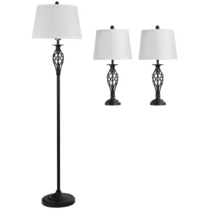 Set Med 3 Lampor 2 Bordslampor (38 X 158H Cm) + 1 Golvlampa (30 X 62H Cm) Metall, PS, Polyester, Bomull, Vintage, Svart + Vit 1