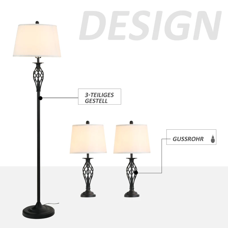 Set Med 3 Lampor 2 Bordslampor (38 X 158H Cm) + 1 Golvlampa (30 X 62H Cm) Metall, PS, Polyester, Bomull, Vintage, Svart + Vit 5