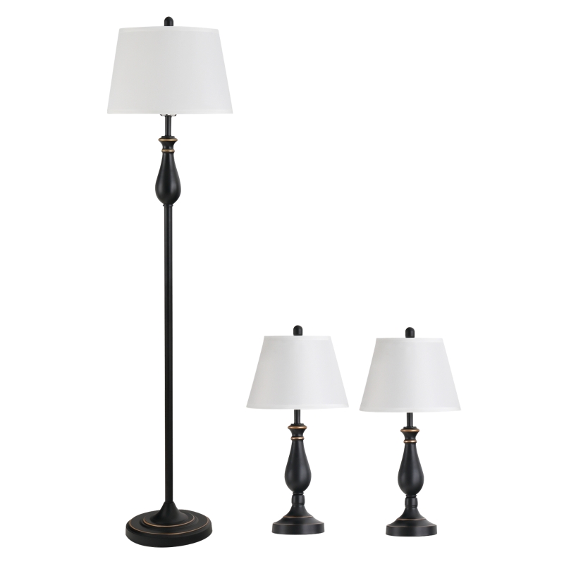 Set Med 3 Lampor 2 Bordslampor (38 X 158H Cm) + 1 Golvlampa (30 X 62H Cm) Vintage, Svart + Vit, Metall, PS, Polyester, Bomull E27 Lampfot 1