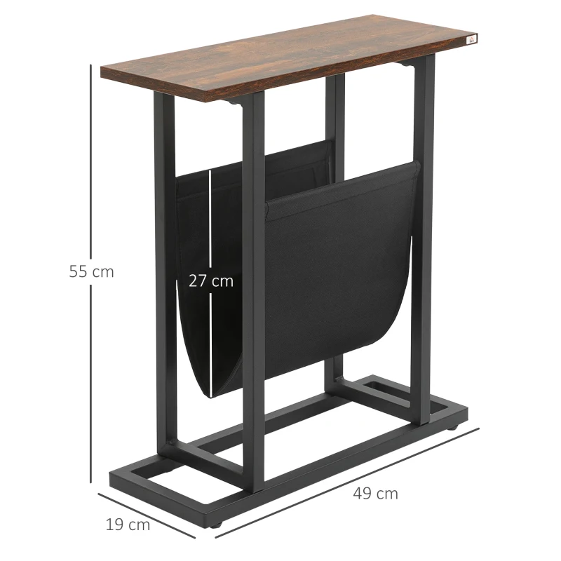 Sidobord, Sängbord, Smal Design, Med Tygpåse, Stål, Mörkbrun + Svart, 49 X 19 X 55cm 3