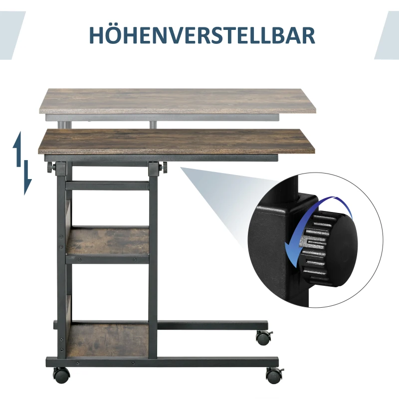 Sidobord Soffbord Med Hjul, Höj- Och Sänkbart Sängbord Med 2 Nedre Hyllplan, Soffbord För Matsal Vardagsrum, Metall, Brun, 80x40x72-82 Cm 6