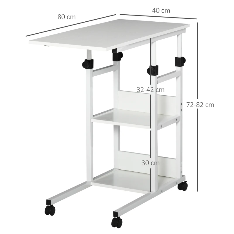 Sidobord Soffbord Med Hjul, Höj- Och Sänkbart Sängbord Med 2 Nedre Hyllplan, Soffbord För Matsal Vardagsrum, Metall, Vit, 80x40x72-82 Cm 3