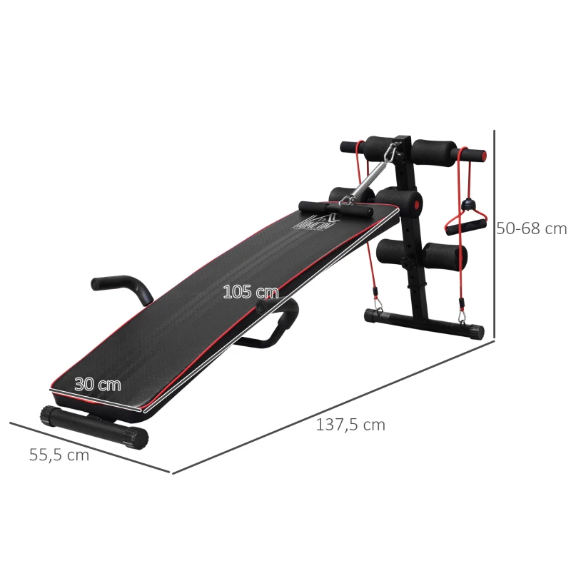 Sit Up Bänk Magtränare Träningsbänk Träningsbänk Justerbar Vadderade Inklusive Motståndsband Stål + PVC Svart + Röd 137,5 X 55,5 X 50-68 Cm 120 Kg Lastkapacitet 3