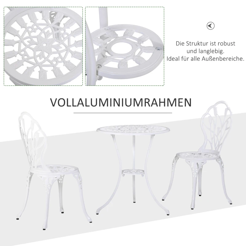 Sittgrupp För 2 Personer Matgrupp Trädgårdsmöbler Set 1 Bord + 2 Stolar Med Paraplyhål Aluminium Vit 5