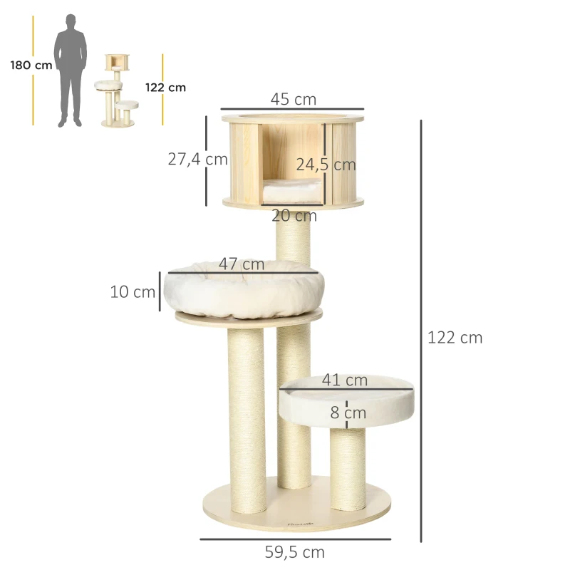 Skrapstolpe Kattträd För Katter Med Tre Nivåer Träklätterträd Med Kattgrotta Sisalstänger Stor Plattform Lekboll 122cm Höjd Stabil Plysch Natur + Kräm 59,5 X 59,5 X 122 Cm 3