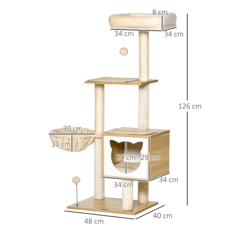 Skrapstolpe Kattträd Med Kattgrottplattform Höjd 126 Cm Klätterträd Av Trä Kattskrapstolpe Spånskiva Sisal Kort Plysch Beige 48 X 40 X 126 Cm 3