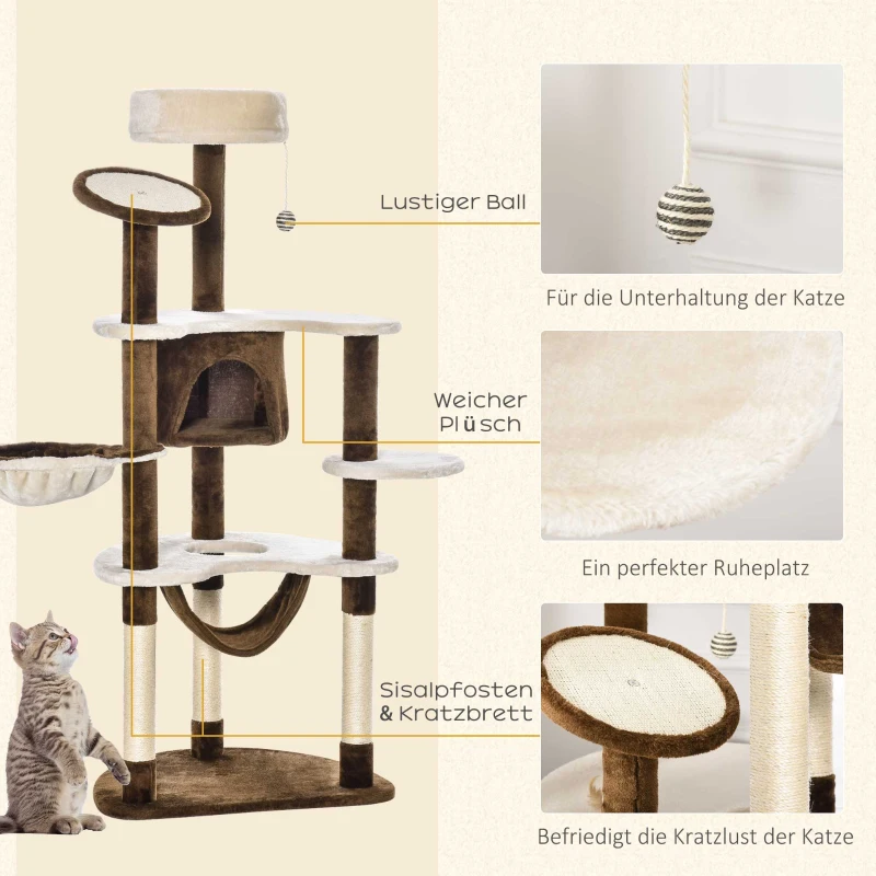 Skrapstolpe Med Kattgrotta, Hängmatta, XXL Kattträd, Klätterträd, Klätterträd För Katter, Multi-level Multi-aktivitetscenter, Plysch, Brun, 65 X 50 X 153 Cm 5