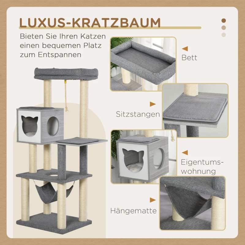 Skrapstolpe Stor 155 Cm Kattträd Med Hängmatta Klätterträd För Katter I Flera Nivåer Kattskrapstolpe Med Kattlåda, Mjuk Kudde Kattmöbel Sisal Grå&vit 4