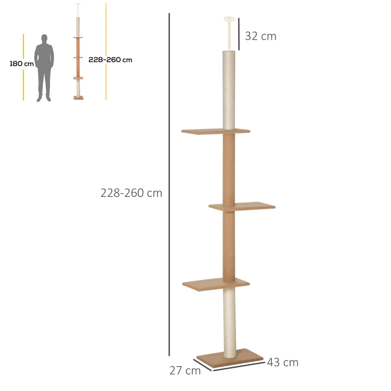 Skrapstolpe Takhögt, 228-260 Cm Höj- Och Sänkbart Kattträd Klätterträd För Katter Med 3 Nivåer, Kattskrapstolpe, Lekträd Från Golv Till Tak Khaki 3