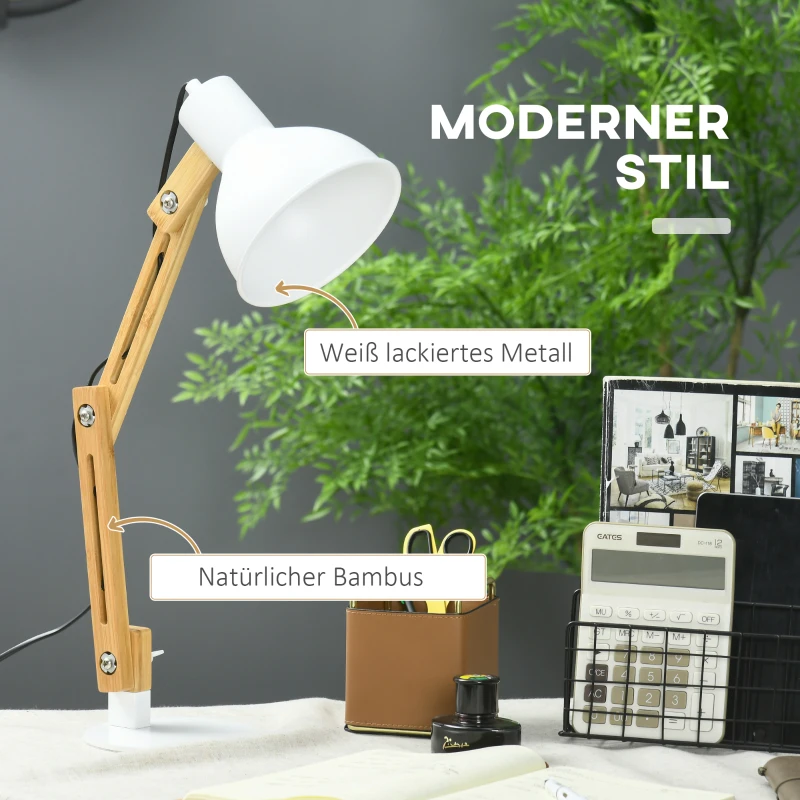 Skrivbordslampa I Vintage Design, Bambu, Justerbar Svängarm, Vit + Natur 4