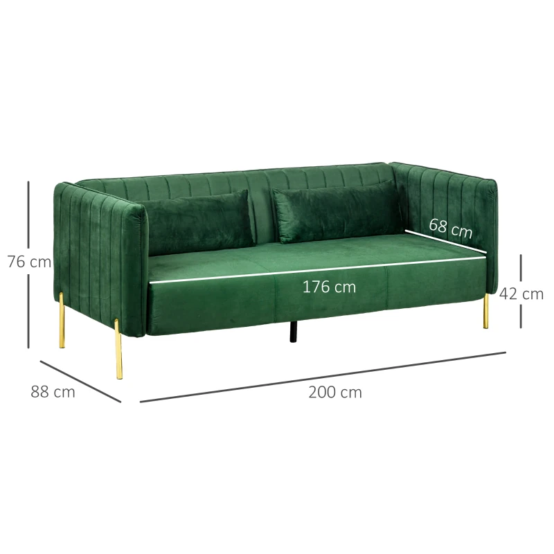 Soffa 3-sits Soffa, Inklusive 2 Kuddar, Sammetslook, Retrodesign, Avtagbart överdrag, 195 Cm X 88 Cm X 76 Cm Grön 3