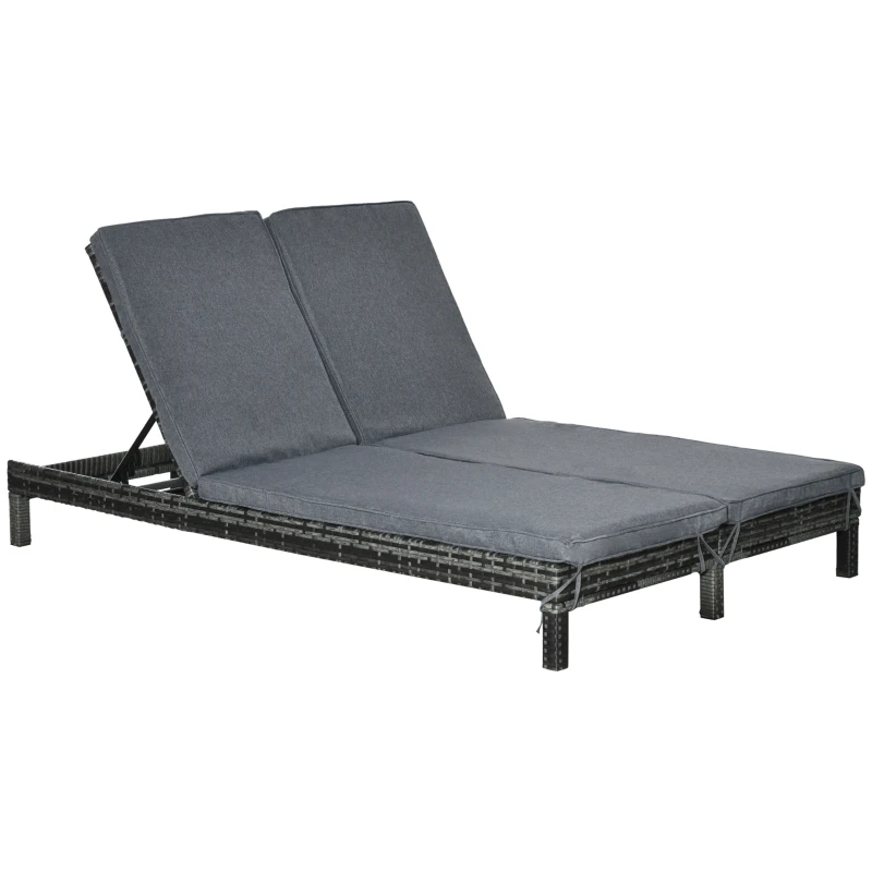 Solstol Med Dubbelsäng I Polyrattan Solstol Trädgårdssäng För 2 Personer Relaxsäng Lyxlounge 5-vånings Ryggstöd Metall PE Rottinggrå 196 X 120 X 28 Cm 1