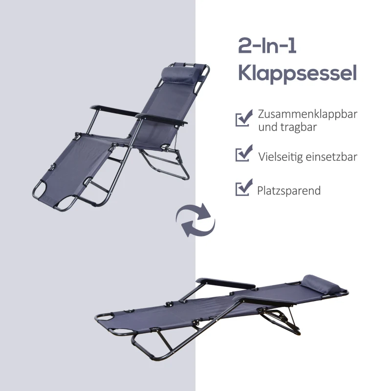 Solstol Med Dyna, Hopfällbar Strandsäng, 2-vånings Trädgårdssäng, 2-i-1 Vilstol, Metall + Oxford-tyg, Grå 135 X 60 X 89 Cm 4