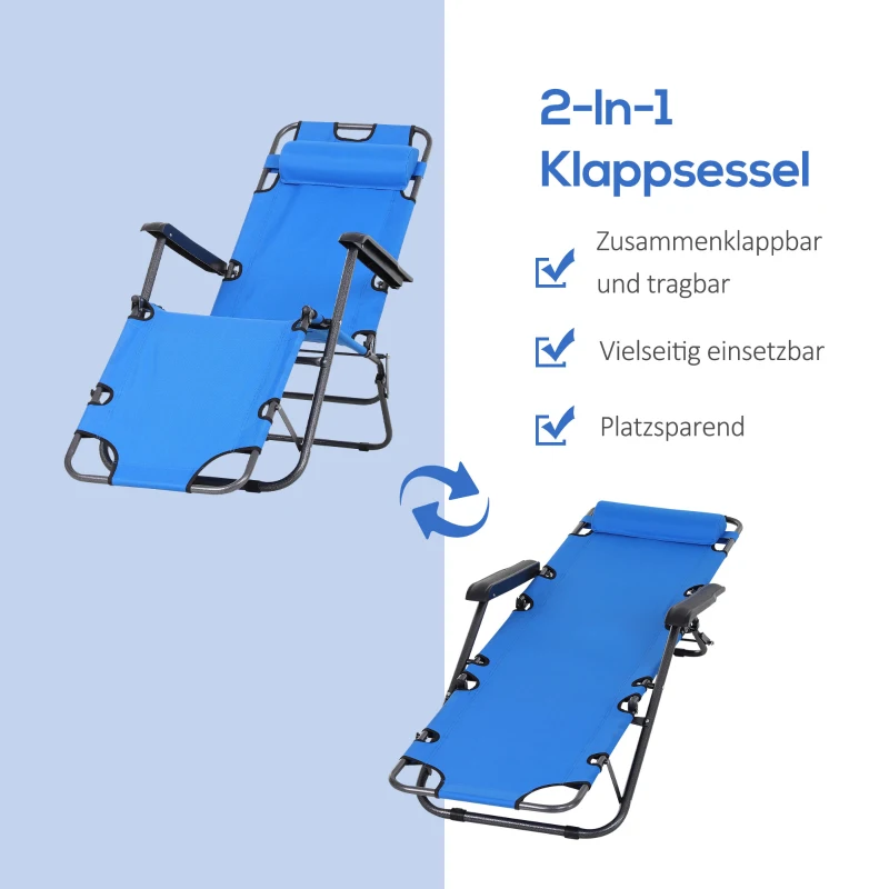 Solstol Med Dyna, Hopfällbar Strandstol, 2-vånings Trädgårdssäng, 2-i-1 Vilstol, Metall + Oxford-tyg, Blå 135 X 60 X 89 Cm 4