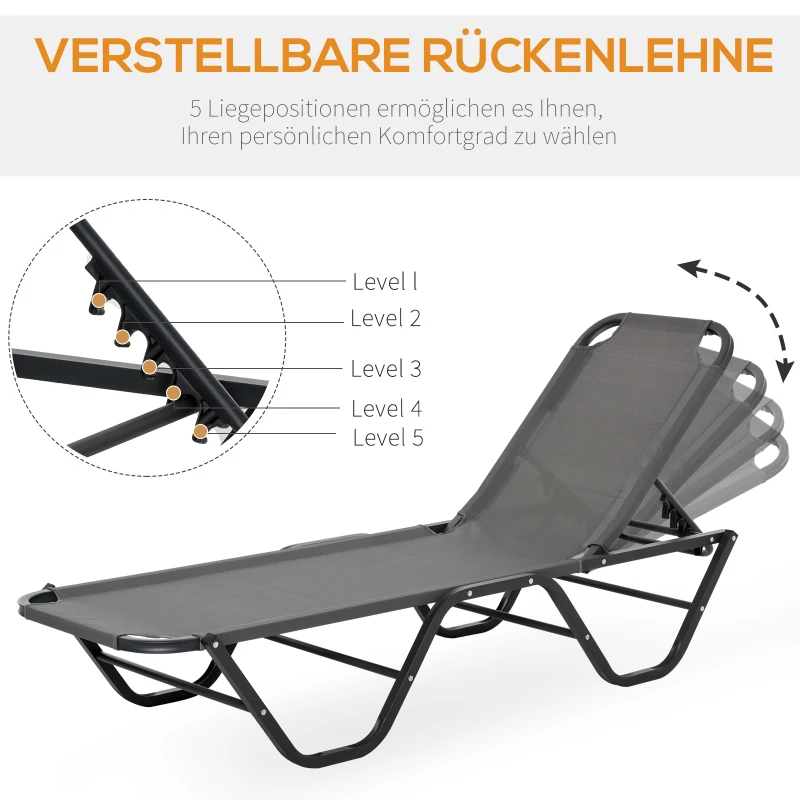 Solstol Strandstol 5-vånings Trädgårdssäng I Aluminium Relaxstol Textline Grå + Svart 163 X 58,5 X 91 Cm 4