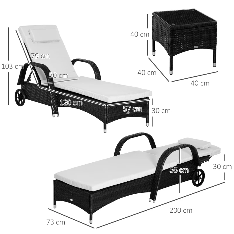 Solstol Trädgård Solstol Bord Set Med 3 Trädgårdsmöbler, Polyrotting + Metall Svart + Krämvit 3