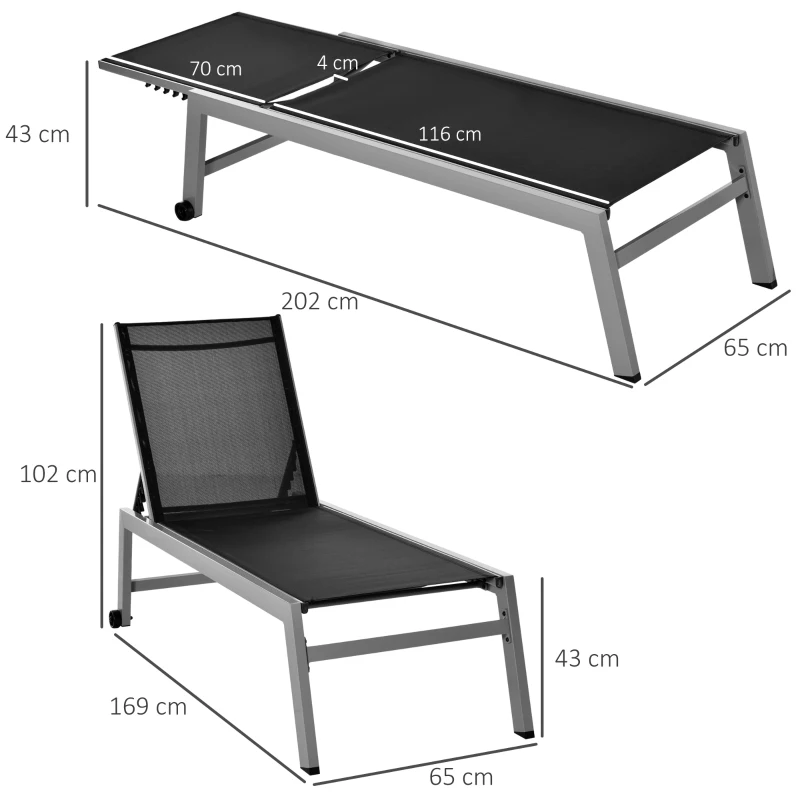 Solstol, Trädgårdssäng, 5-stegs Ryggstöd, Aluminium, Svart, 202 X 65 X 43 Cm 3