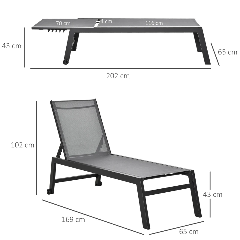 Solstol, Trädgårdssäng, 5-vånings Ryggstöd, Aluminium, Grå, 202 X 65 X 43 Cm 3