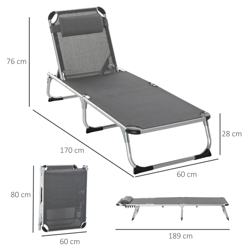 Solstol Trädgårdssäng Solstol I Aluminiumtyg Relaxstol 5-vägs Justerbar Hopfällbar Ergonomisk Mesh Grå 165 X 60 X 76 Cm 3