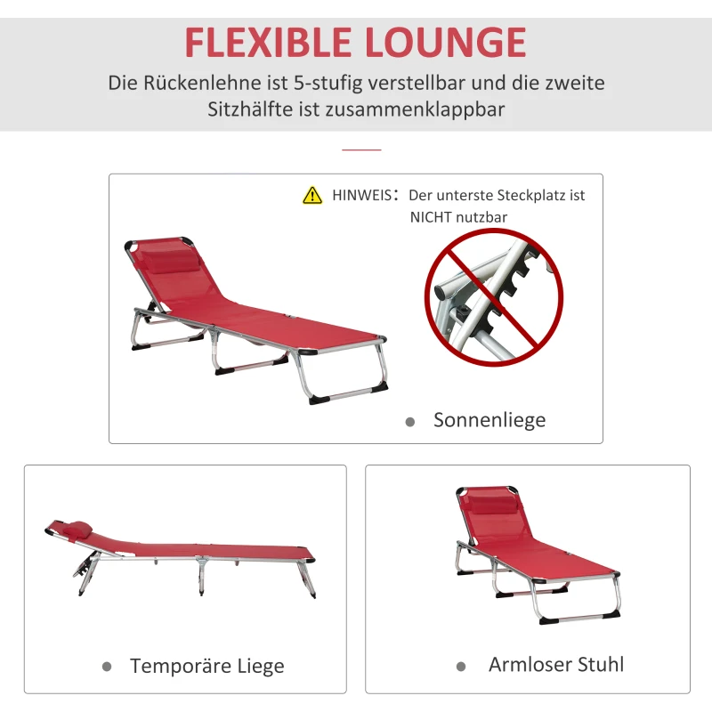 Solstol Trädgårdsstol Solstol Av Aluminium Tyg Relaxsäng 5-vägs Justerbar Hopfällbar Ergonomisk Mesh Röd 165 X 60 X 76 Cm 5