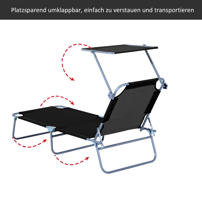 Solstol Trädgårdsstol Wellness Solstol Strandstol Hopfällbar Med Solskydd Svart 187 X 58 X 36 Cm 6