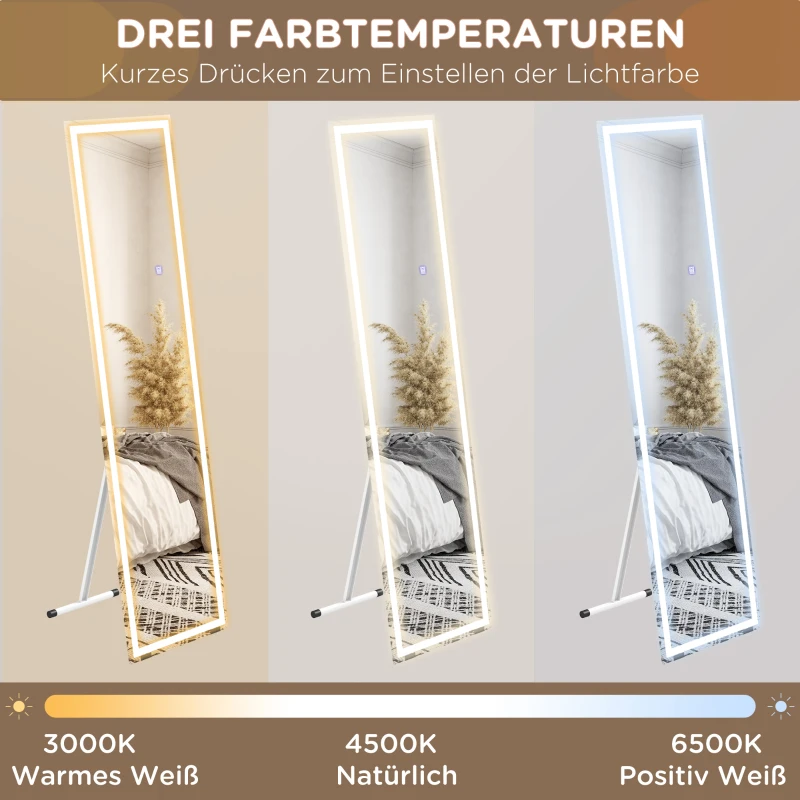 Stående Spegel, Väggspegel, Hellängdsspegel, Med Lysdioder, 40 Cm X 150 Cm, Vit + Silver 6