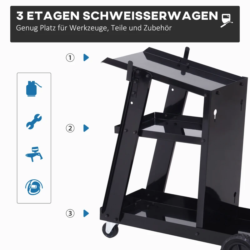 Svetsvagn, Gasflaskvagn, 3 Hyllor, Säkerhetskedja, 4 Hjul, Stål, Svart, 71 X 39 X 70cm 4