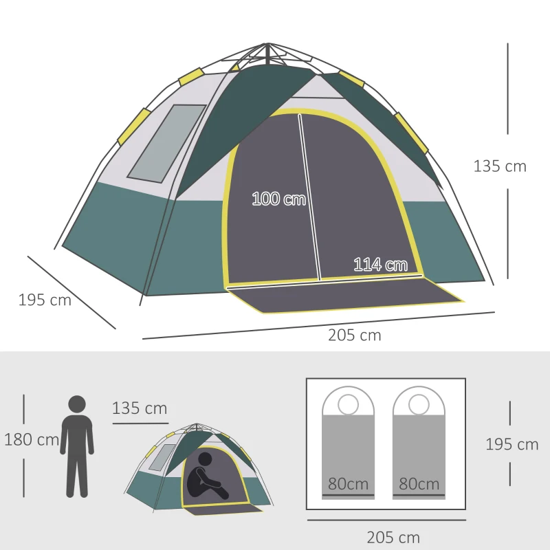 Tält För 3 Personer, Campingtält Med Pinnar, Kupoltält, Polyester, Grönt, 205 X 195 X 135 Cm 3