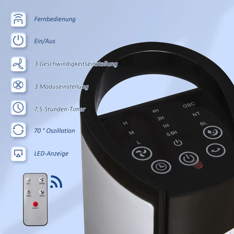 Tornfläkt Med Fjärrkontroll 70 Oscillerande Piedestalfläkt 78,5 Cm Pelarfläkt 50 W 3 Lägen & 3 Hastigheter Svart + Vit 4