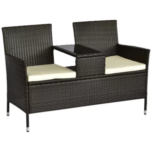 Trädgårdsbänk I Polyrattan Trädgårdssoffa Med Bord 2-sits Stål Brun B133 X D63 X H84cm 1