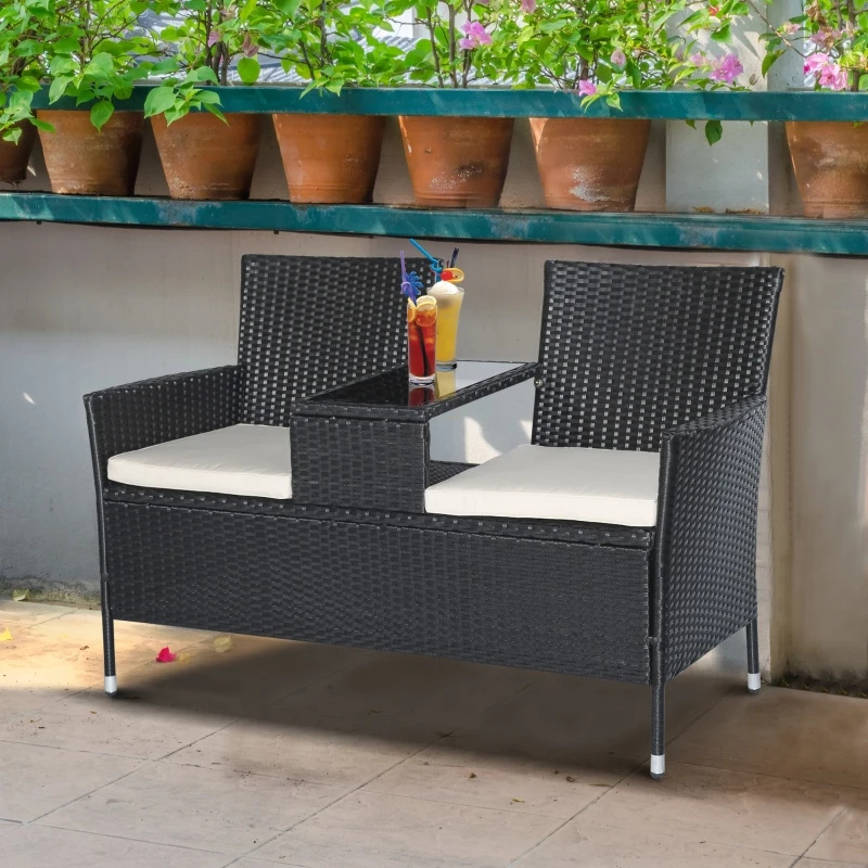 Trädgårdsbänk I Polyrattan Trädgårdssoffa Med Bord 2-sits Stål Svart B133 X D63 X H84cm 2