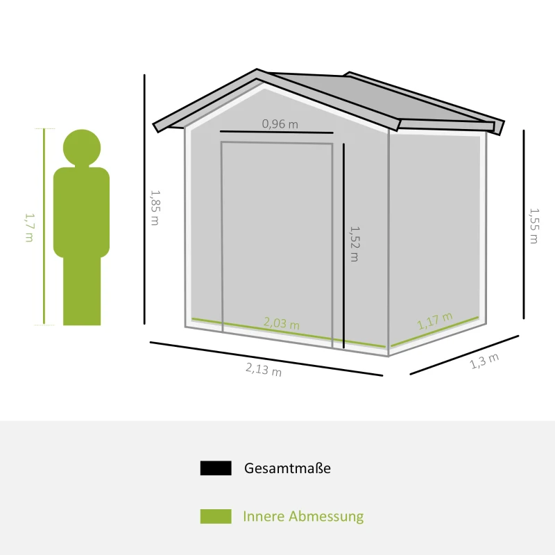 Trädgårdsbod, 2 Skjutdörrar, Ventilationsfönster, Golvstomme, Rostfri, Stål, Ljusgrön, 2,13 X 1,30 X 1,85 M 3